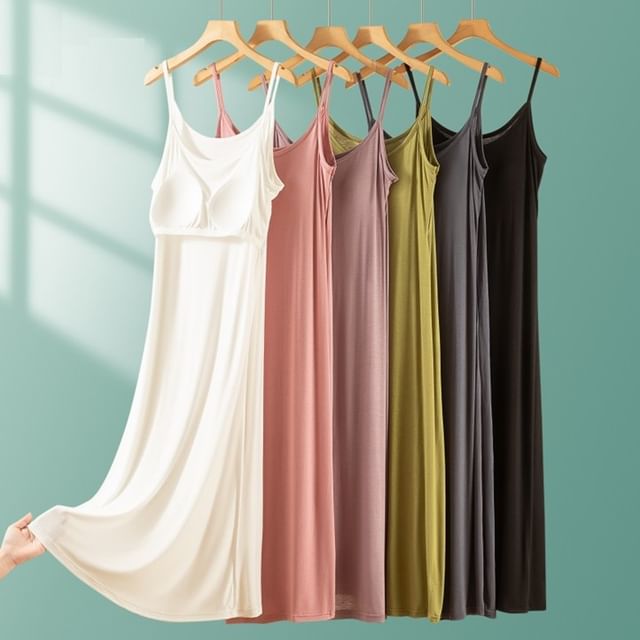 Spaghetti Strap Plain Padded Midi Pajama Dress (Various Designs)