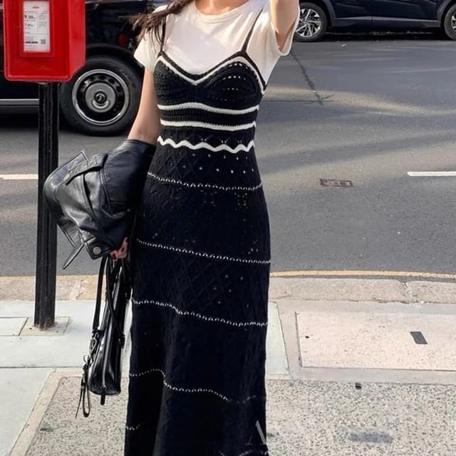 Spaghetti Strap V-Neck Contrast Trim Perforated Open Back Midi Sheath Knit Dress