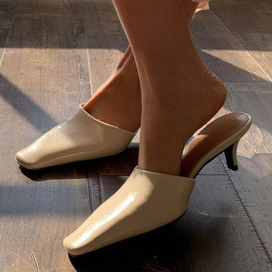 Square Leather Toe Mules Faux Heel Kitten