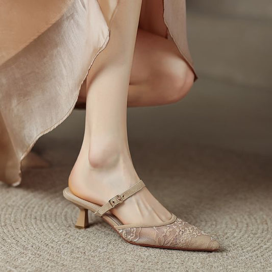 Heel Floral Pointed Mesh Toe Kitten Mules