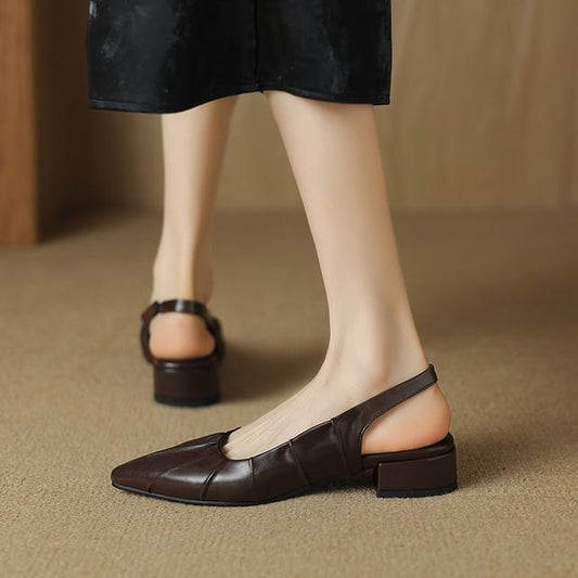 Low Heel Pointed Toe Plain Ruched Faux Leather Slingback Sandals