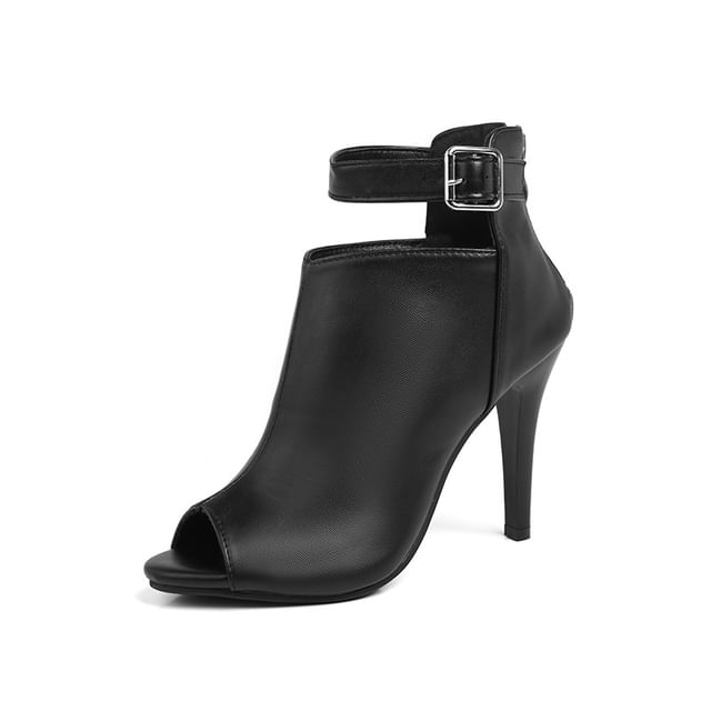 Stiletto Peep Toe Ankle Strap Plain Faux Leather Sandals