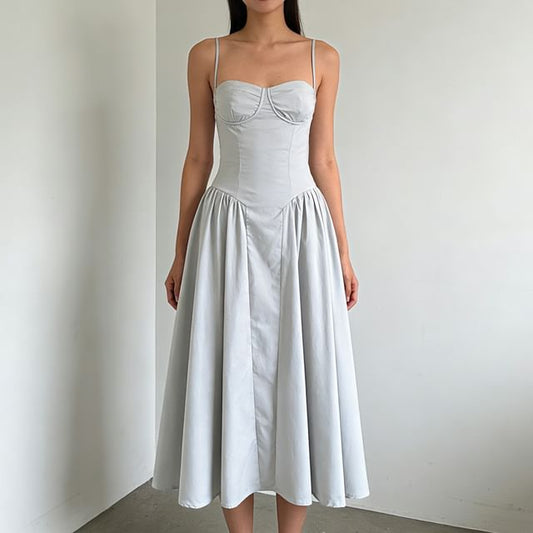 [S] Spaghetti Strap Plain Midi A-Line Dress
