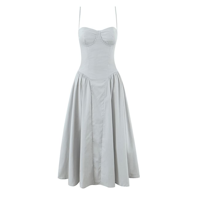 [S] Spaghetti Strap Plain Midi A-Line Dress