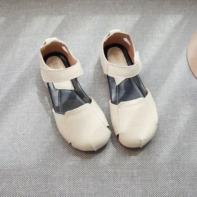 Adhesive Strap Plain Cutout Genuine Leather Sandals