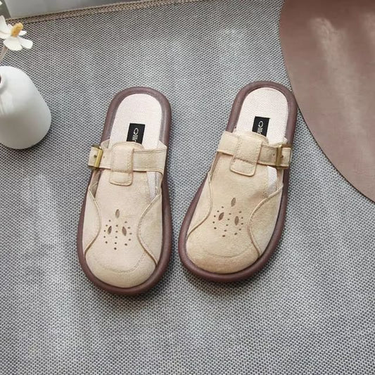 Plain Cutout Buckled Faux Suede Mules
