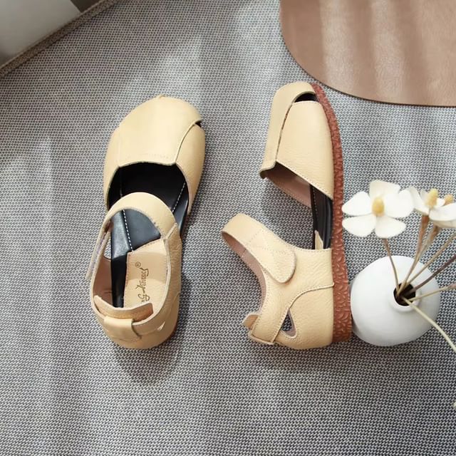 Adhesive Strap Plain Cutout Genuine Leather Sandals