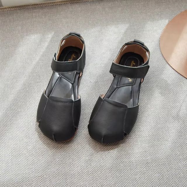 Adhesive Strap Plain Cutout Genuine Leather Sandals