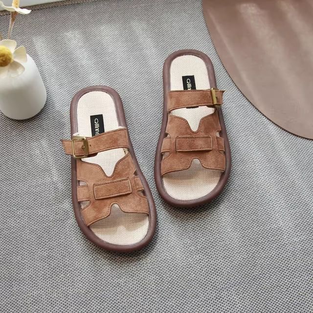 Plain Cutout Buckled Faux Suede Sandals