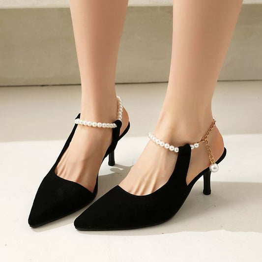High Heel Faux Pearl Strap Chained Sandals