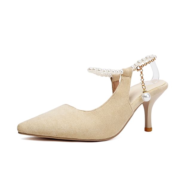 High Heel Faux Pearl Strap Chained Sandals