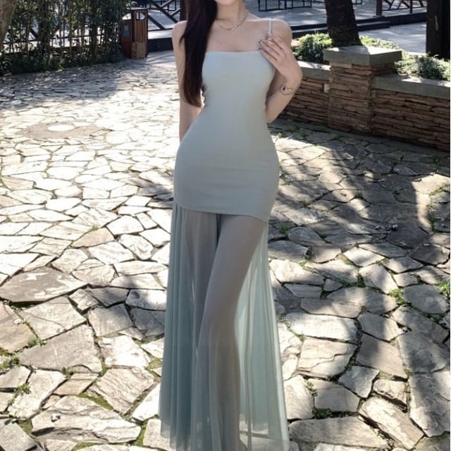 Spaghetti Strap Plain Mesh Panel Maxi Mermaid Dress