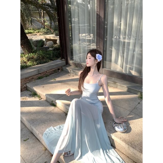 Spaghetti Strap Plain Mesh Panel Maxi Mermaid Dress