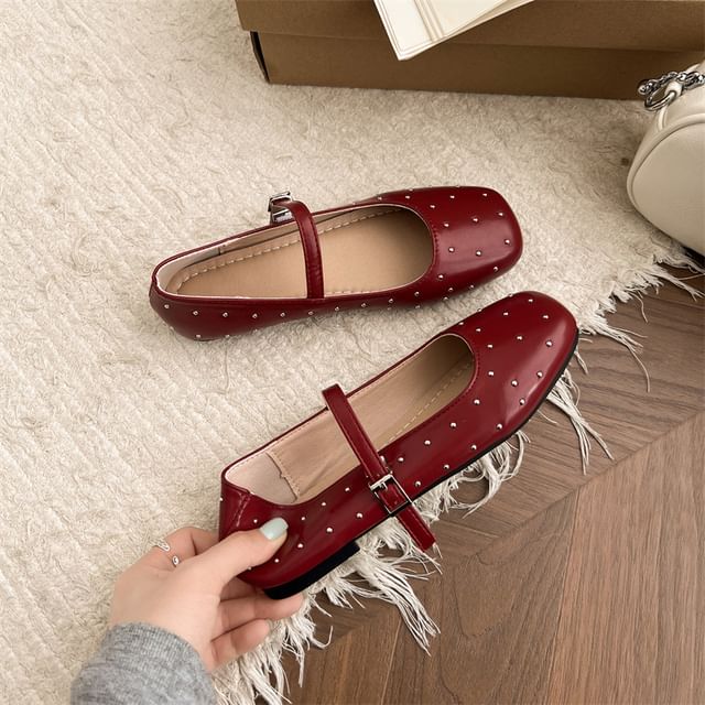 Square Toe Studded Faux Leather Mary Jane Flats