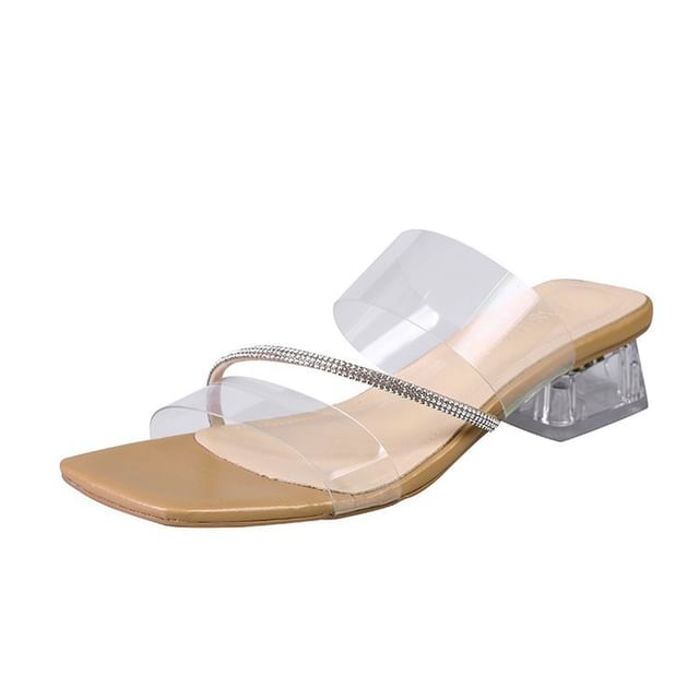 Transparent Strap Rhinestone Chunky Heel Slide Sandals