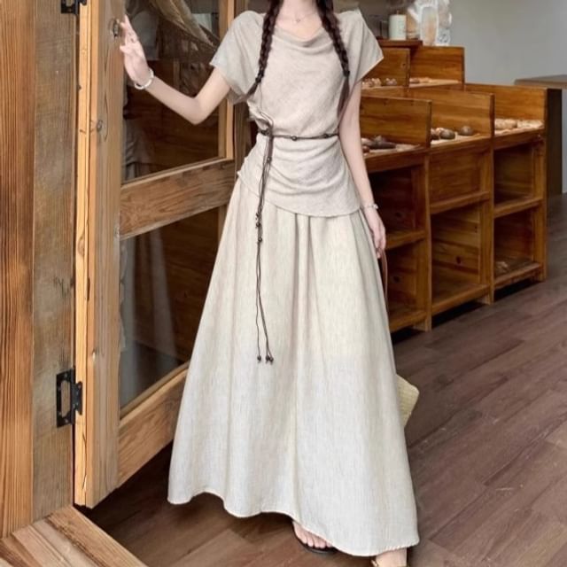 Cowl Neck Tee & Maxi Skirt with Belt Set