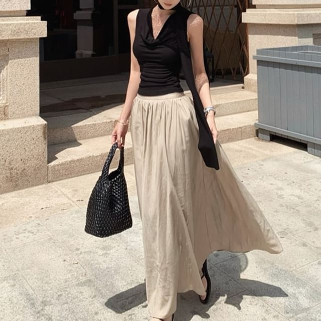 Cowl Neck Ruched Top & Maxi Skirt Set - High Rise