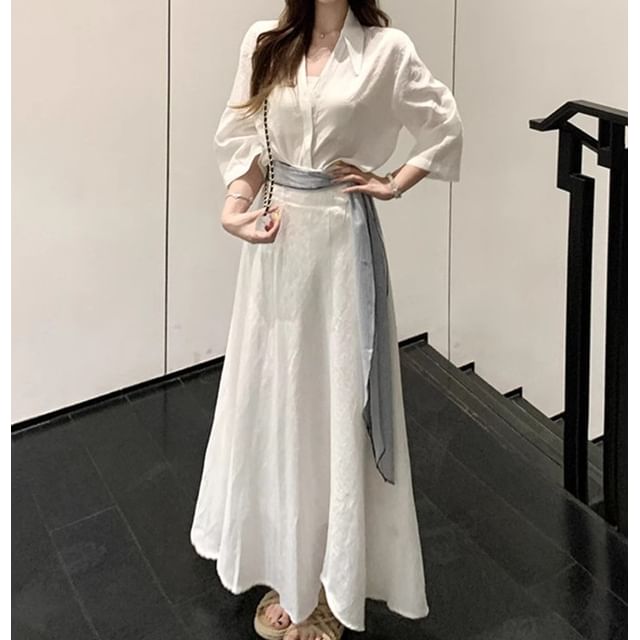 3/4 Sleeve V-Neck Blouse & Maxi Skirt Set - High Rise