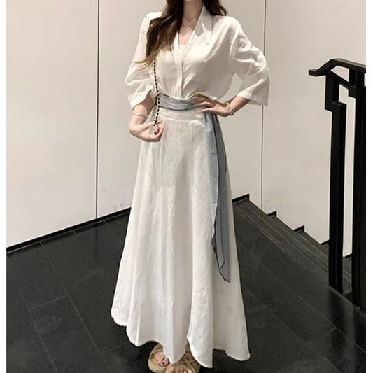 3/4 Sleeve V-Neck Blouse & Maxi Skirt Set - High Rise