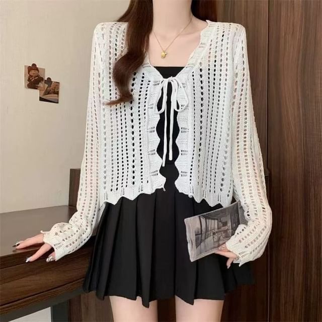 V-Neck Pointelle Knit Lace-Up Cardigan