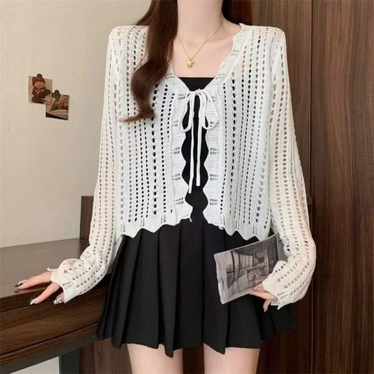 V-Neck Pointelle Knit Lace-Up Cardigan