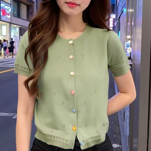 Short Sleeve Pointelle Knit Cardigan