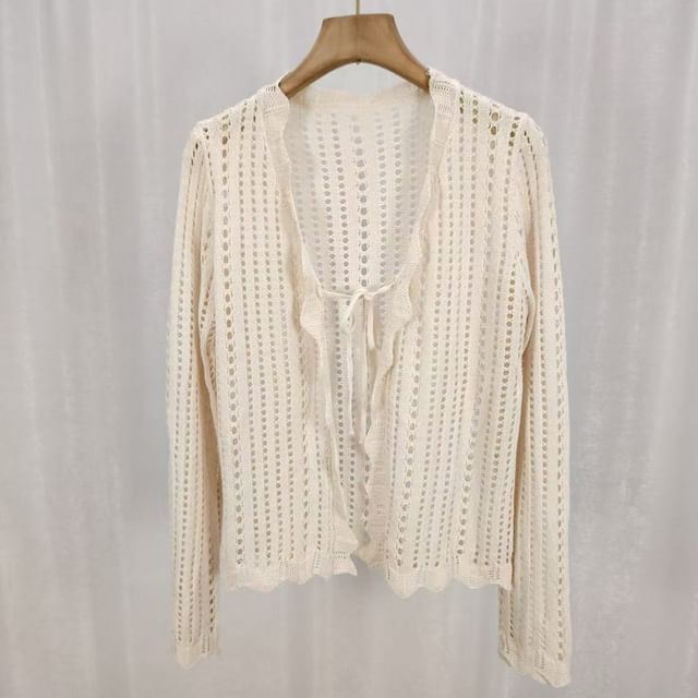 V-Neck Pointelle Knit Lace-Up Cardigan