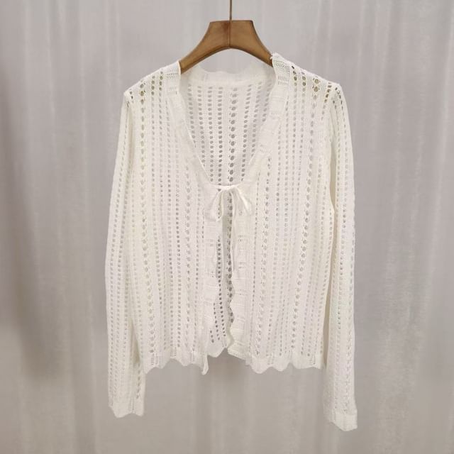 V-Neck Pointelle Knit Lace-Up Cardigan