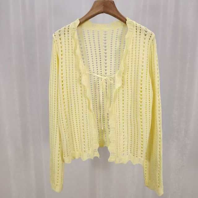 V-Neck Pointelle Knit Lace-Up Cardigan