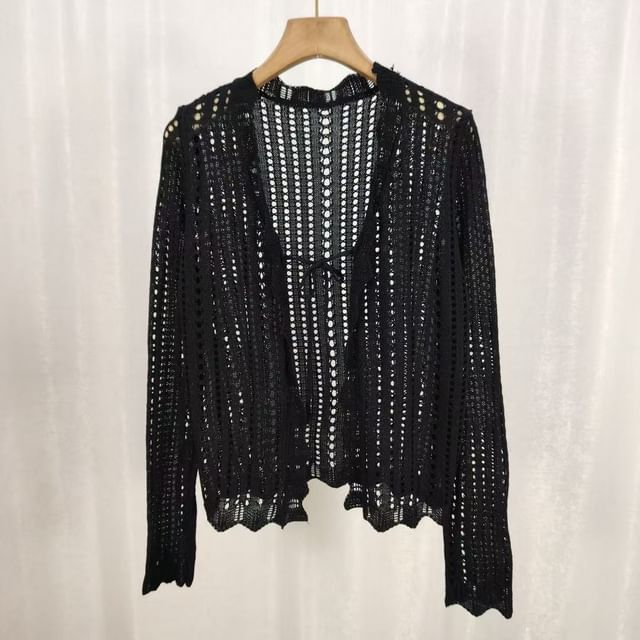 V-Neck Pointelle Knit Lace-Up Cardigan