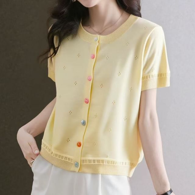 Short Sleeve Pointelle Knit Cardigan