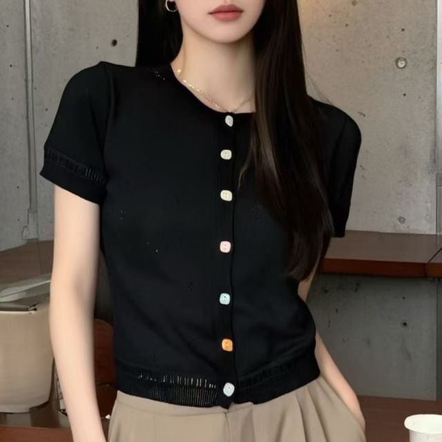 Short Sleeve Pointelle Knit Cardigan