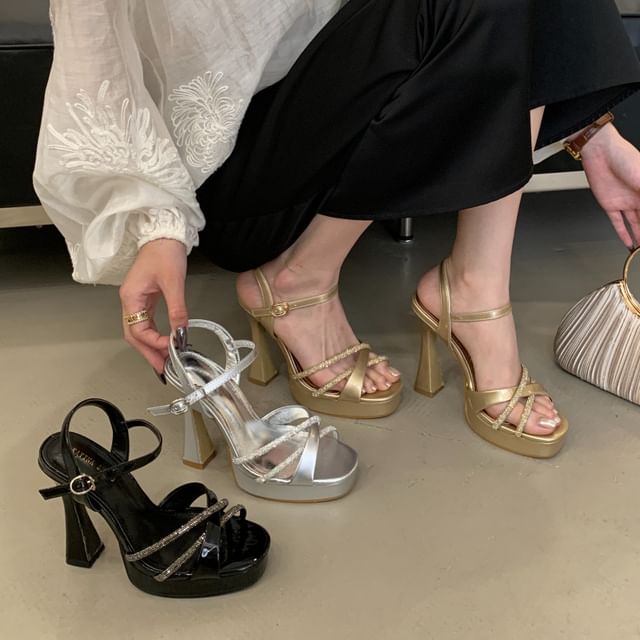 Block Heel Rhinestone Plain Sandals