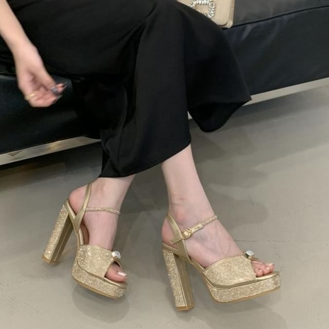 Block Heel Glitter Slide Sandals