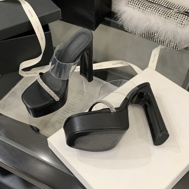 Block Heel PVC Strap Rhinestone Platform Sandals
