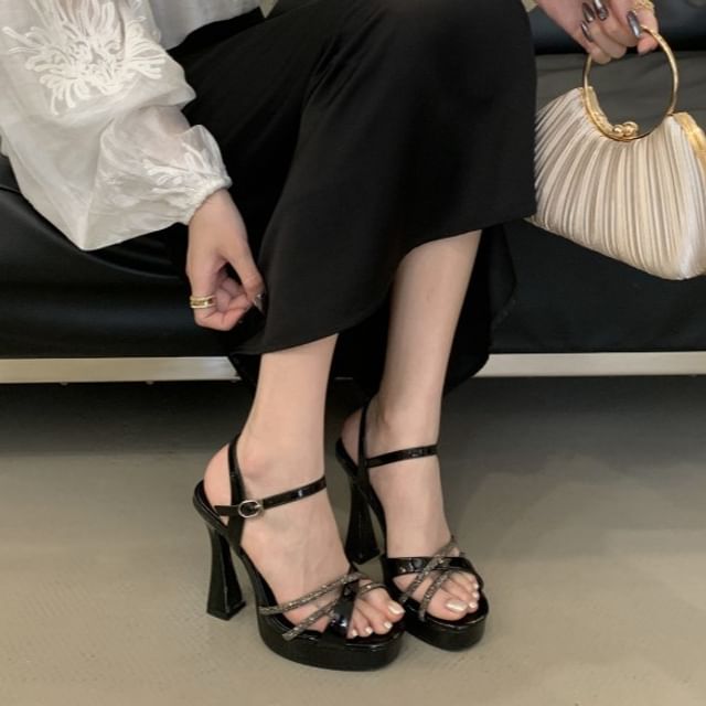 Block Heel Rhinestone Plain Sandals