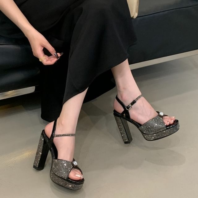 Block Heel Glitter Slide Sandals