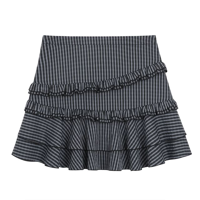 Plaid Ruffled Mini Skirt with High-Waist Silhouette