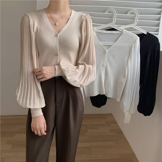 V-Neck Ribbed Knit Button Cardigan