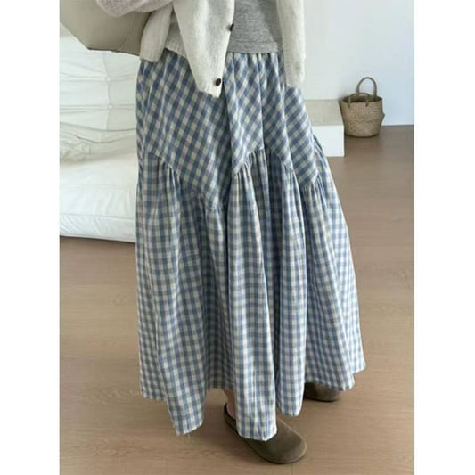 Plaid Maxi Skirt with High-Waist Flared Cut