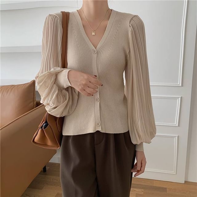 V-Neck Ribbed Knit Button Cardigan