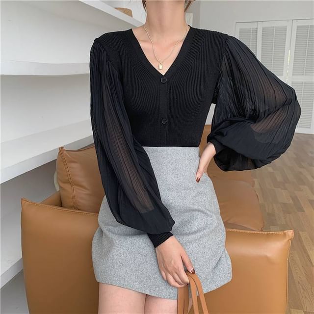 V-Neck Ribbed Knit Button Cardigan