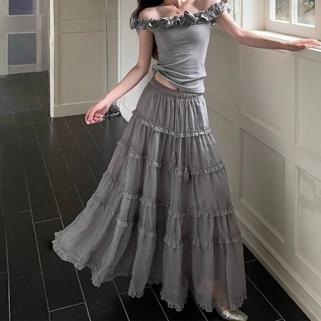 Off-Shoulder Fitted Tank with Ruffled Trim and Drawstring Maxi Skirt