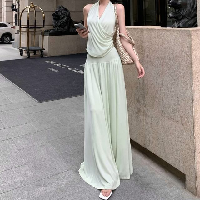 Halter Ruched Fitted Tank and High-Rise Maxi Skirt