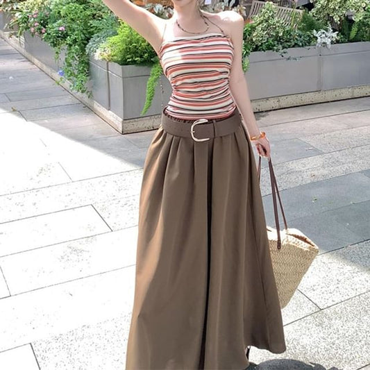 Striped Fitted Tube Top with Midi A-Line Skirt and Belt