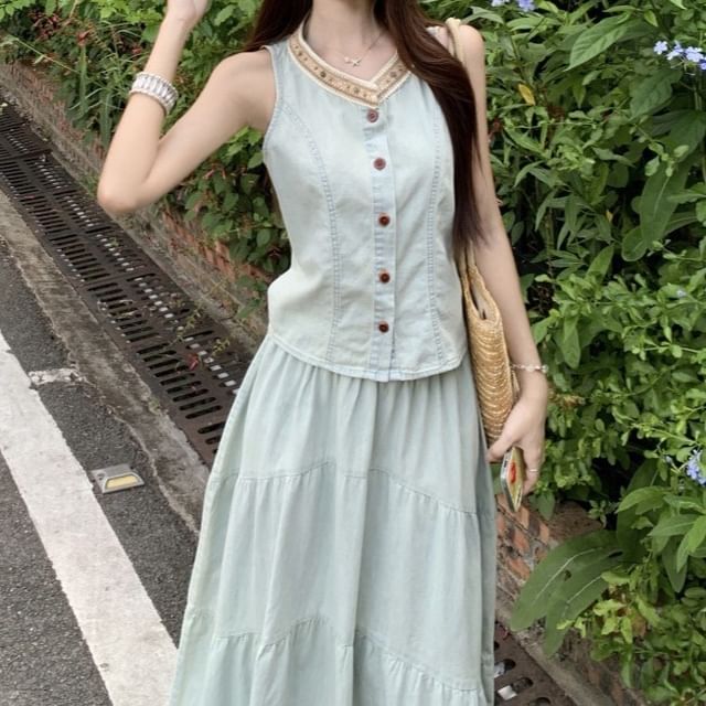 Denim Contrast Button Tank with Tiered Maxi Skirt