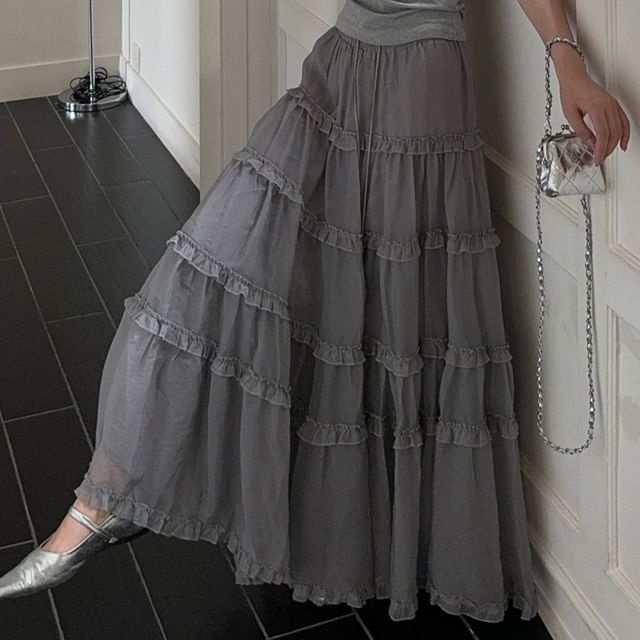 Off-Shoulder Fitted Tank with Ruffled Trim and Drawstring Maxi Skirt