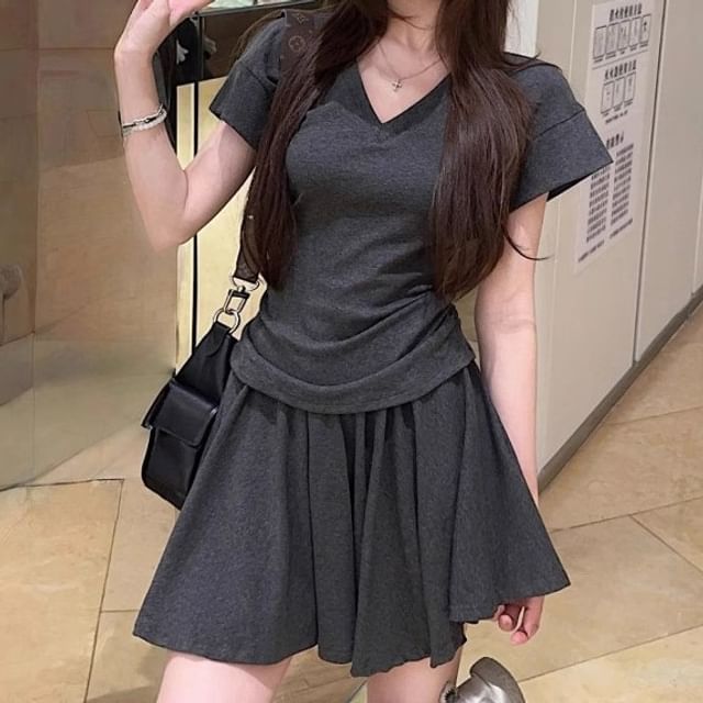 V-Neck Short-Sleeve Tee and High-Rise Mini Skirt Set