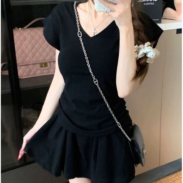V-Neck Short-Sleeve Tee and High-Rise Mini Skirt Set