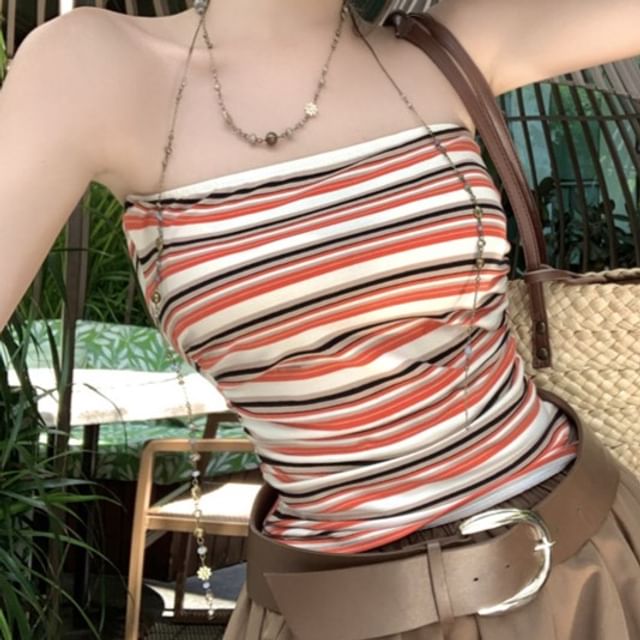Striped Fitted Tube Top with Midi A-Line Skirt and Belt